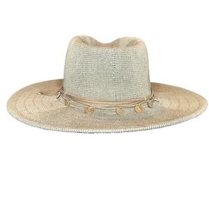 Anthropologie Wyeth Olive Panama Hat Tan Gold Coin Detail Wide Brim Cowgirl Boho